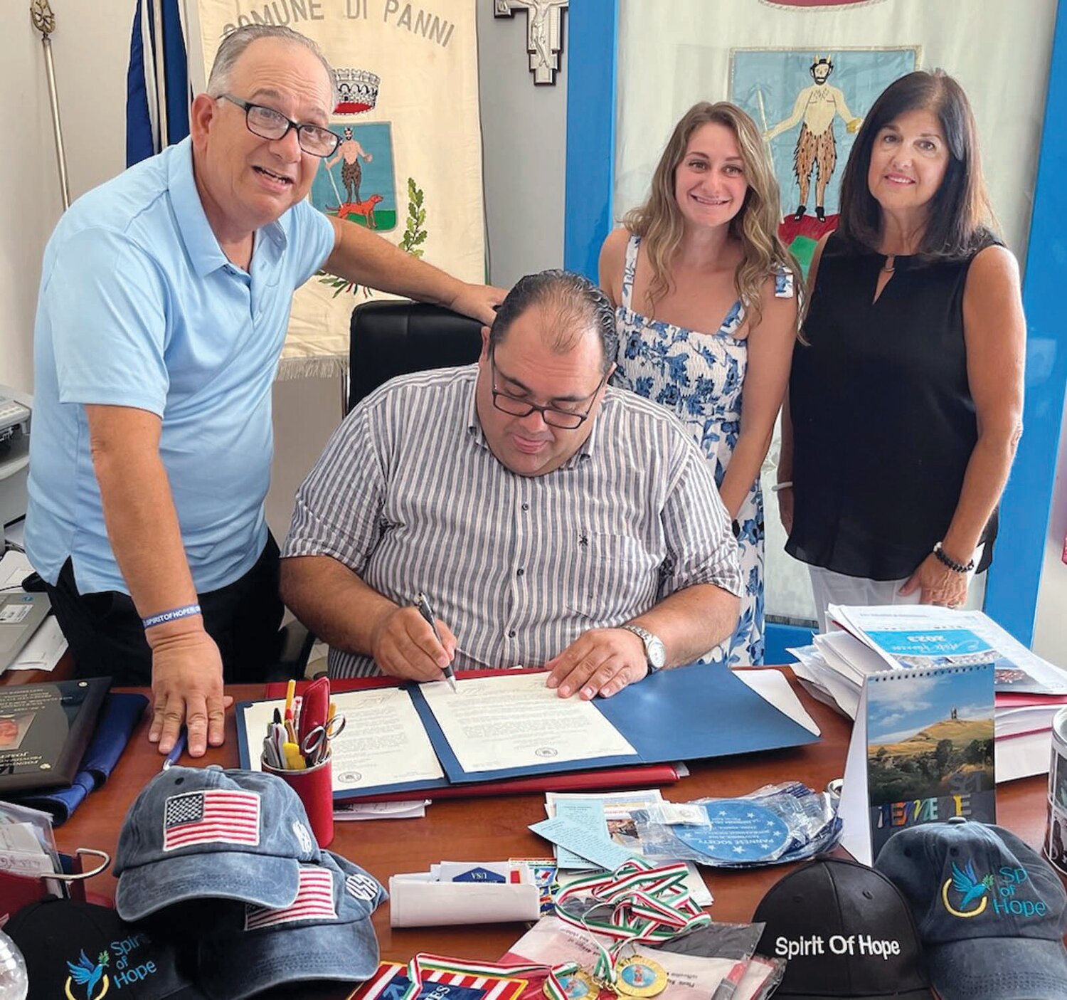 SISTER CITY: Spirit of Hope founder Louis J. Spremulli brought greetings from Johnston to the town’s “Sister City” Panni, Foggia, Italy, and their new Mayor Amedeo DiCotiis.